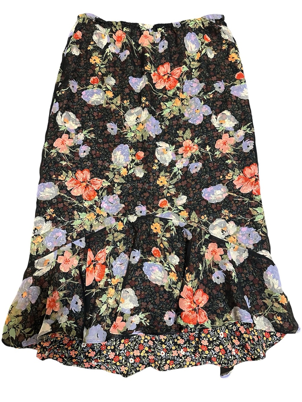 Notations Black Mixed Floral Reversible Flowy Tiered Ruffled Skirt